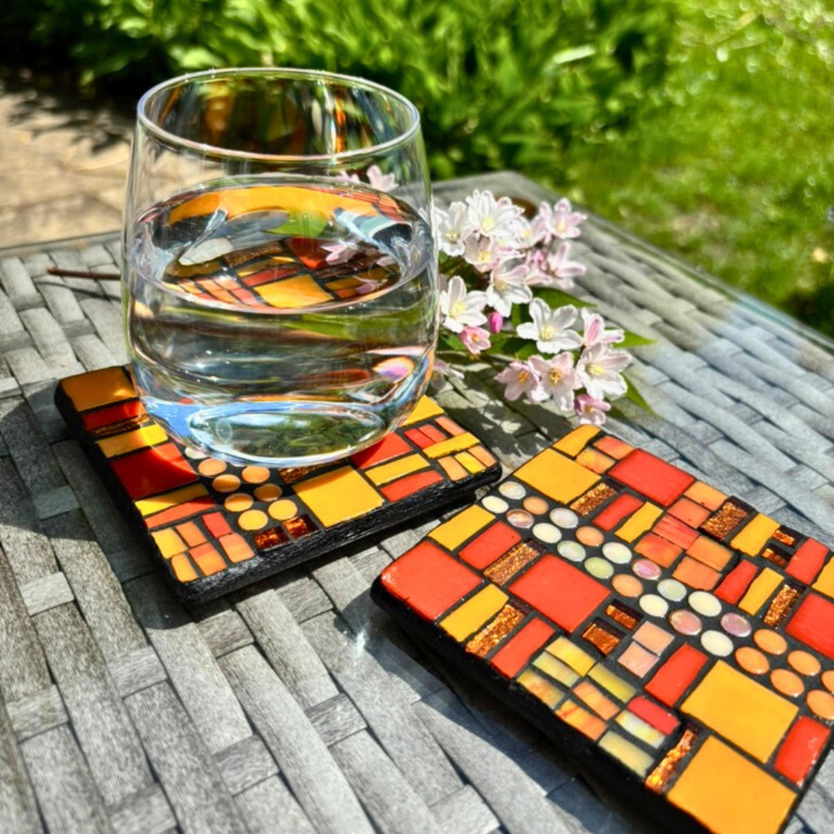 Single Sunset Mosaic Coaster - Handmade Abstract Tile Drink Coasters – Orange & Yellow Modern Art