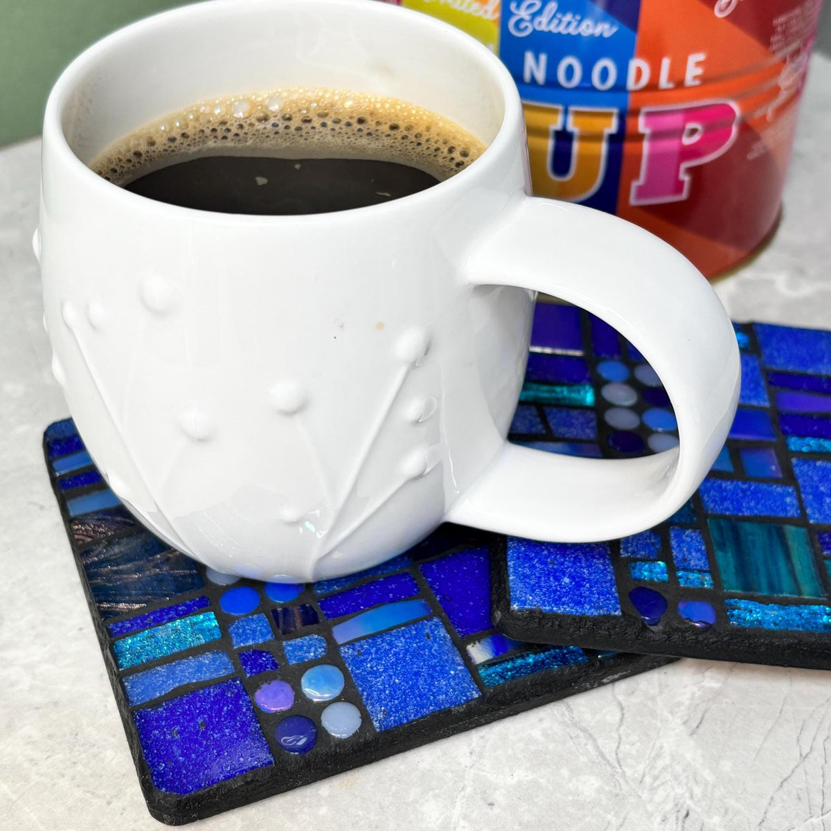Single Blue Mosaic Coaster – Handmade Glass Patchwork Tile Coasters