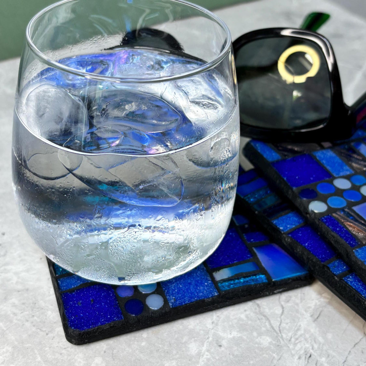 Single Blue Mosaic Coaster – Handmade Glass Patchwork Tile Coasters