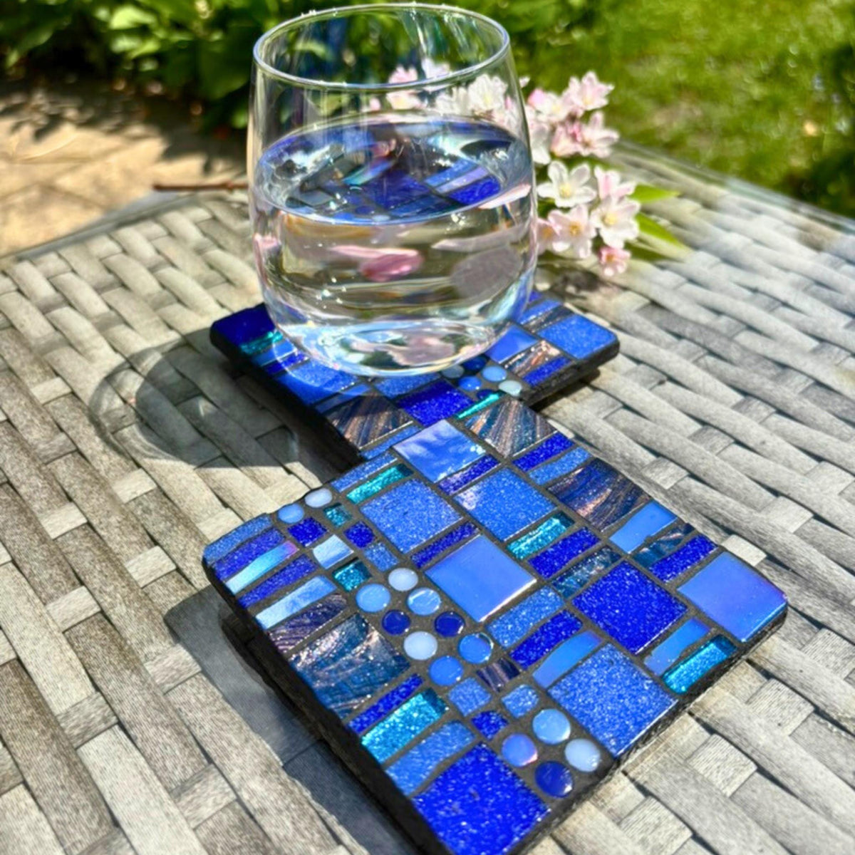 Single Blue Mosaic Coaster – Handmade Glass Patchwork Tile Coasters