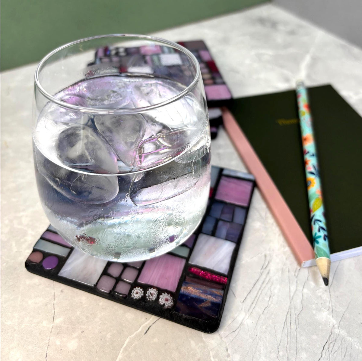 Single Blush Pink Mosaic Coaster - Handmade Abstract Tile Drink Coasters