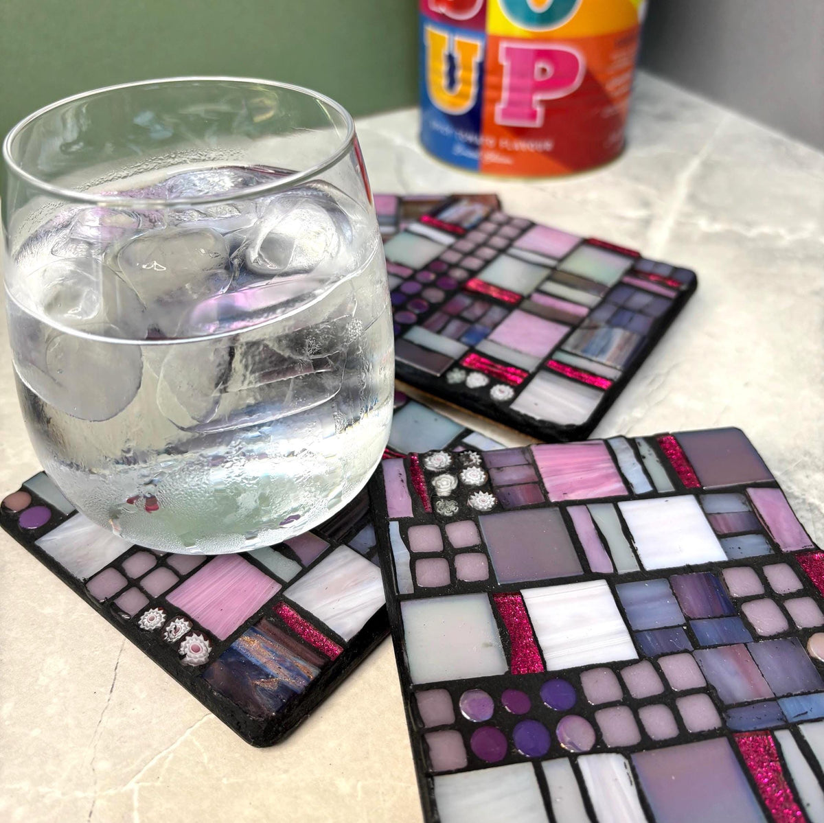 Single Blush Pink Mosaic Coaster - Handmade Abstract Tile Drink Coasters