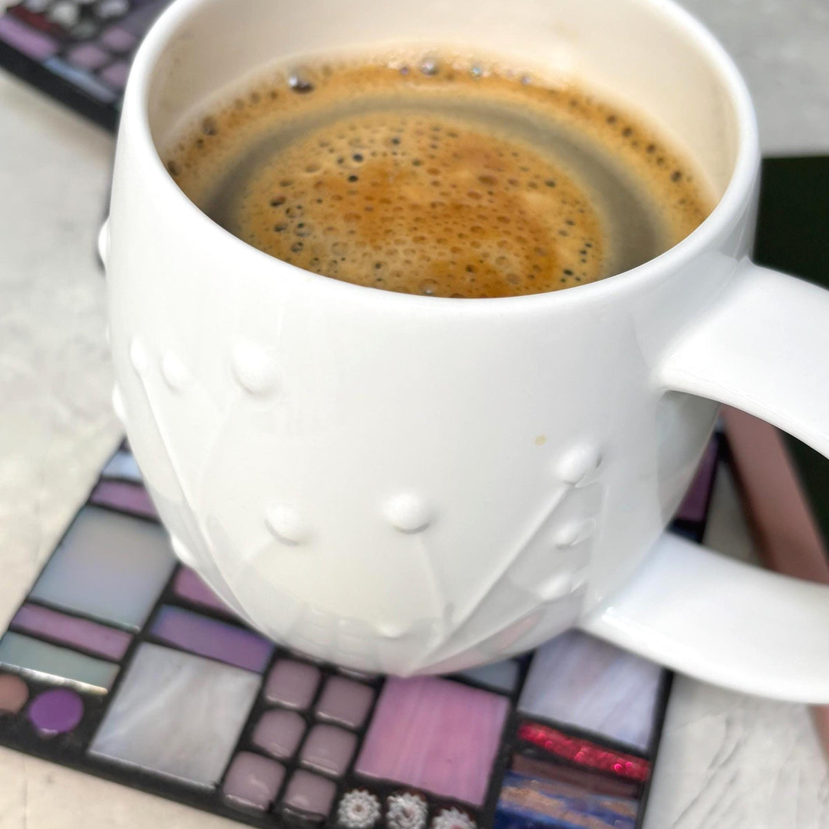 Single Blush Pink Mosaic Coaster - Handmade Abstract Tile Drink Coasters