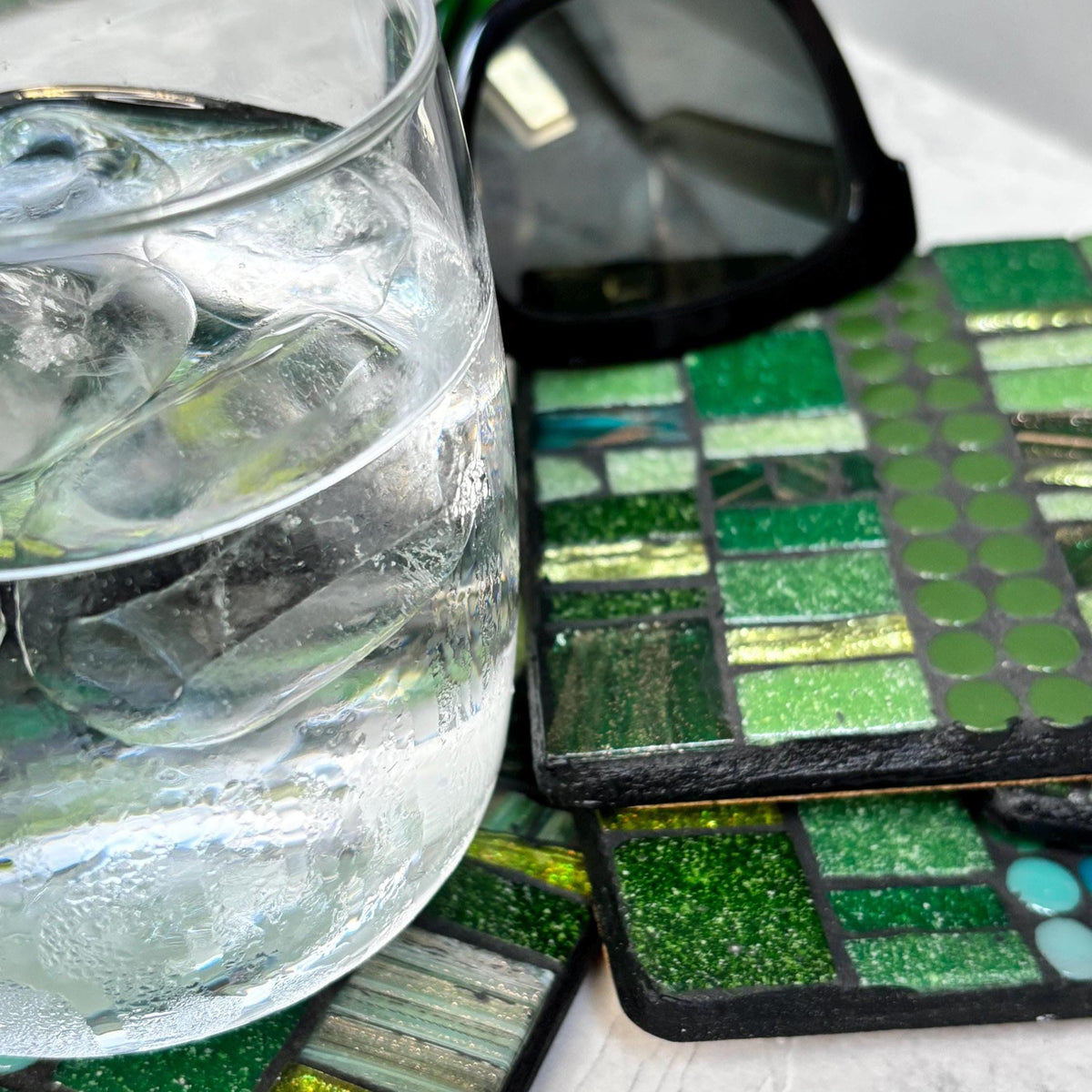 Single Green Mosaic Coaster – Handmade Glass Patchwork Tile Coasters