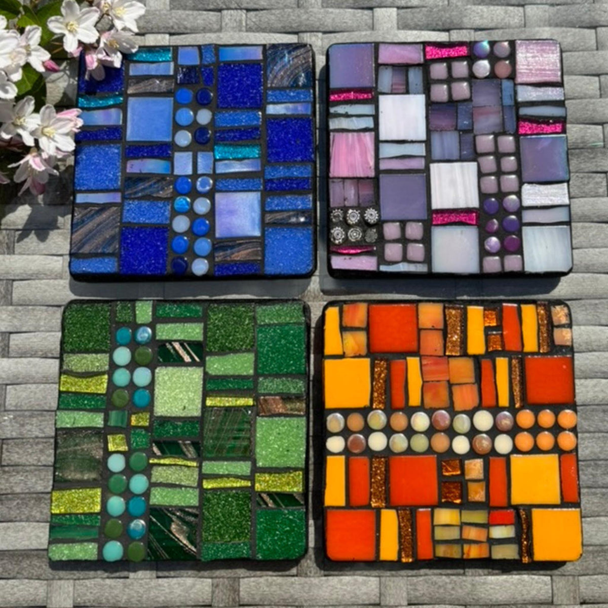 Handmade Geometric Mosaic Coasters: Modern Art Drink Coasters, Set of 4