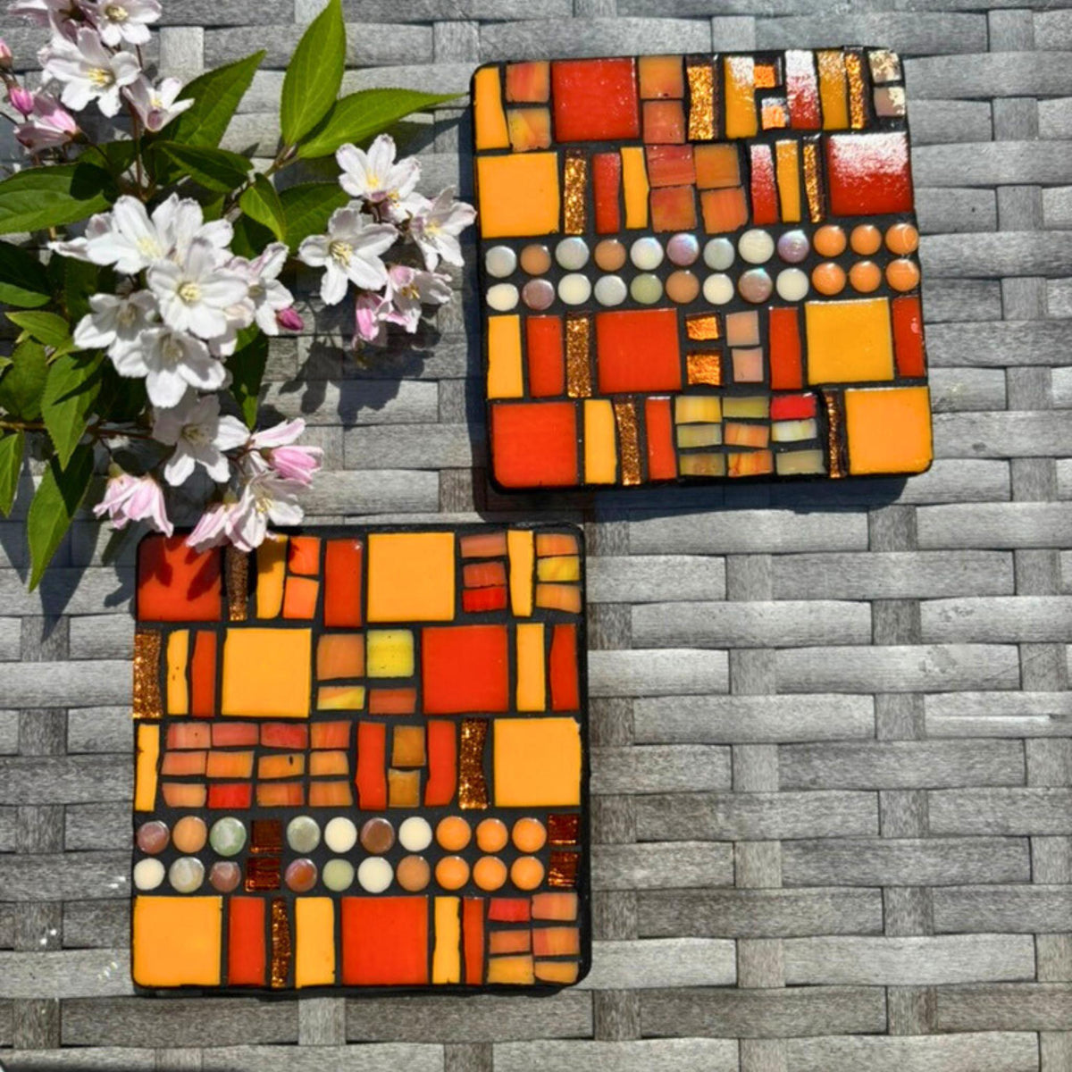 Single Sunset Mosaic Coaster - Handmade Abstract Tile Drink Coasters – Orange & Yellow Modern Art