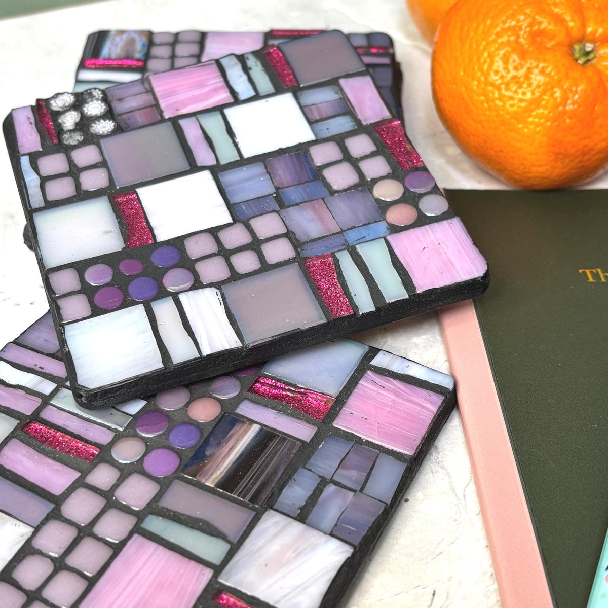 Single Blush Pink Mosaic Coaster - Handmade Abstract Tile Drink Coasters