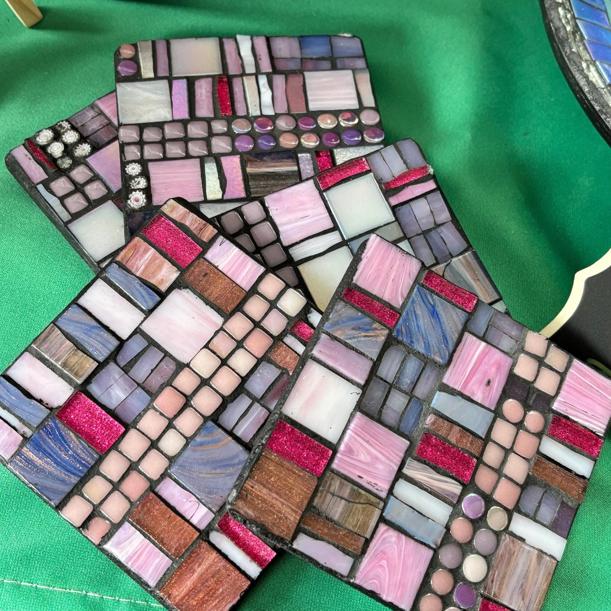 Single Blush Pink Mosaic Coaster - Handmade Abstract Tile Drink Coasters