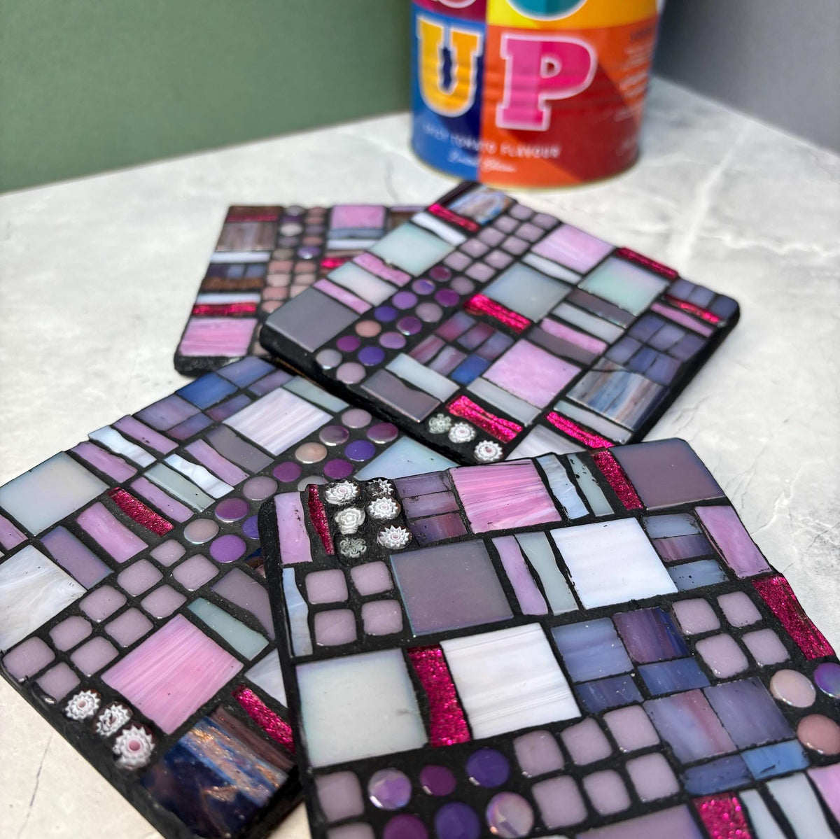 Single Blush Pink Mosaic Coaster - Handmade Abstract Tile Drink Coasters