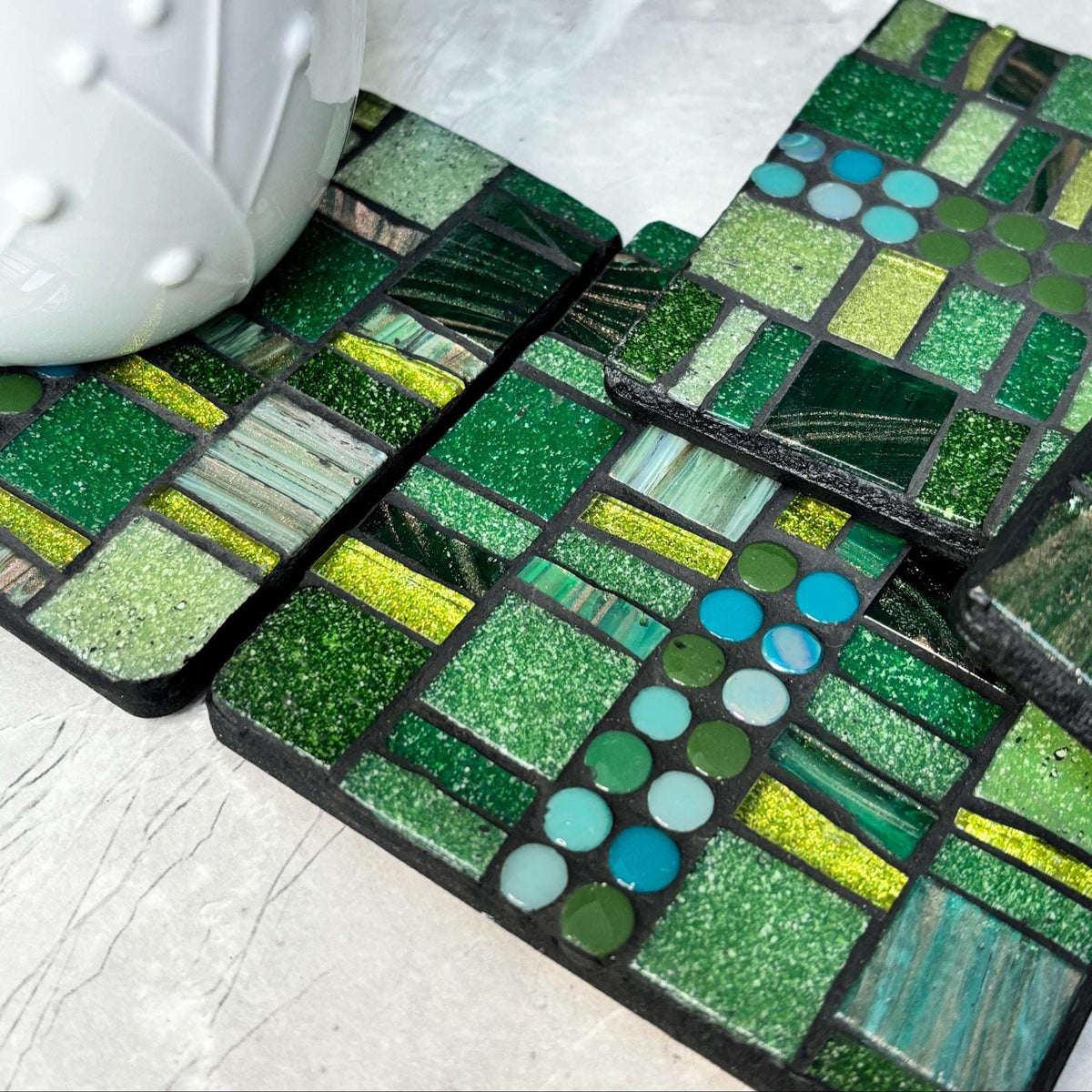 Single Green Mosaic Coaster – Handmade Glass Patchwork Tile Coasters