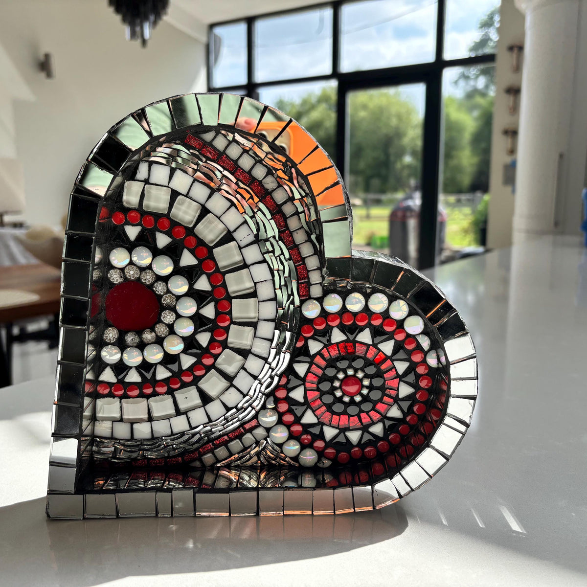 Heart Mosaic Tray: Red Black Silver Glass Tile Art - Valentine's Gift