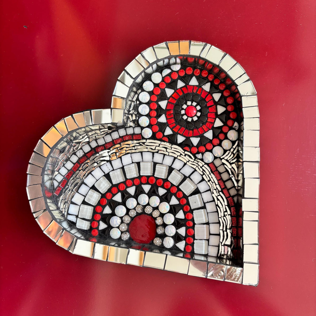 Heart Mosaic Tray: Red Black Silver Glass Tile Art - Valentine's Gift