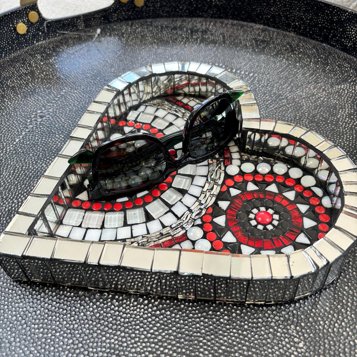 Heart Mosaic Tray: Red Black Silver Glass Tile Art - Valentine's Gift