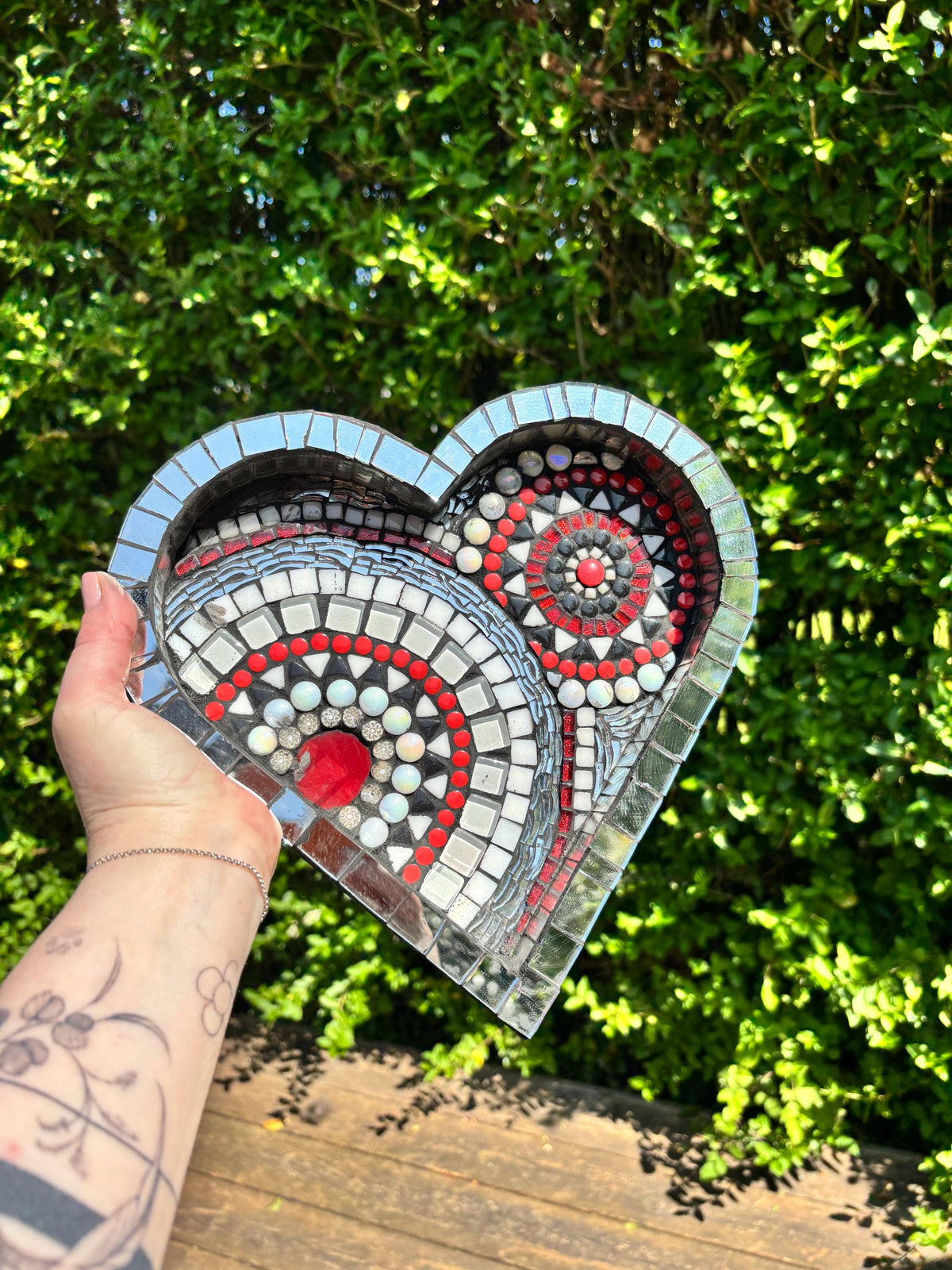 Heart Mosaic Tray: Red Black Silver Glass Tile Art - Valentine's Gift