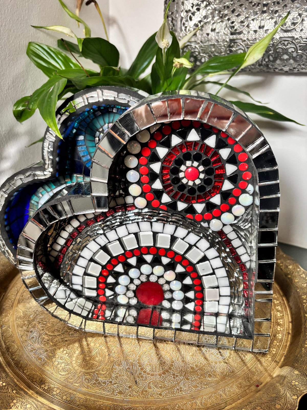 Heart Mosaic Tray: Red Black Silver Glass Tile Art - Valentine's Gift