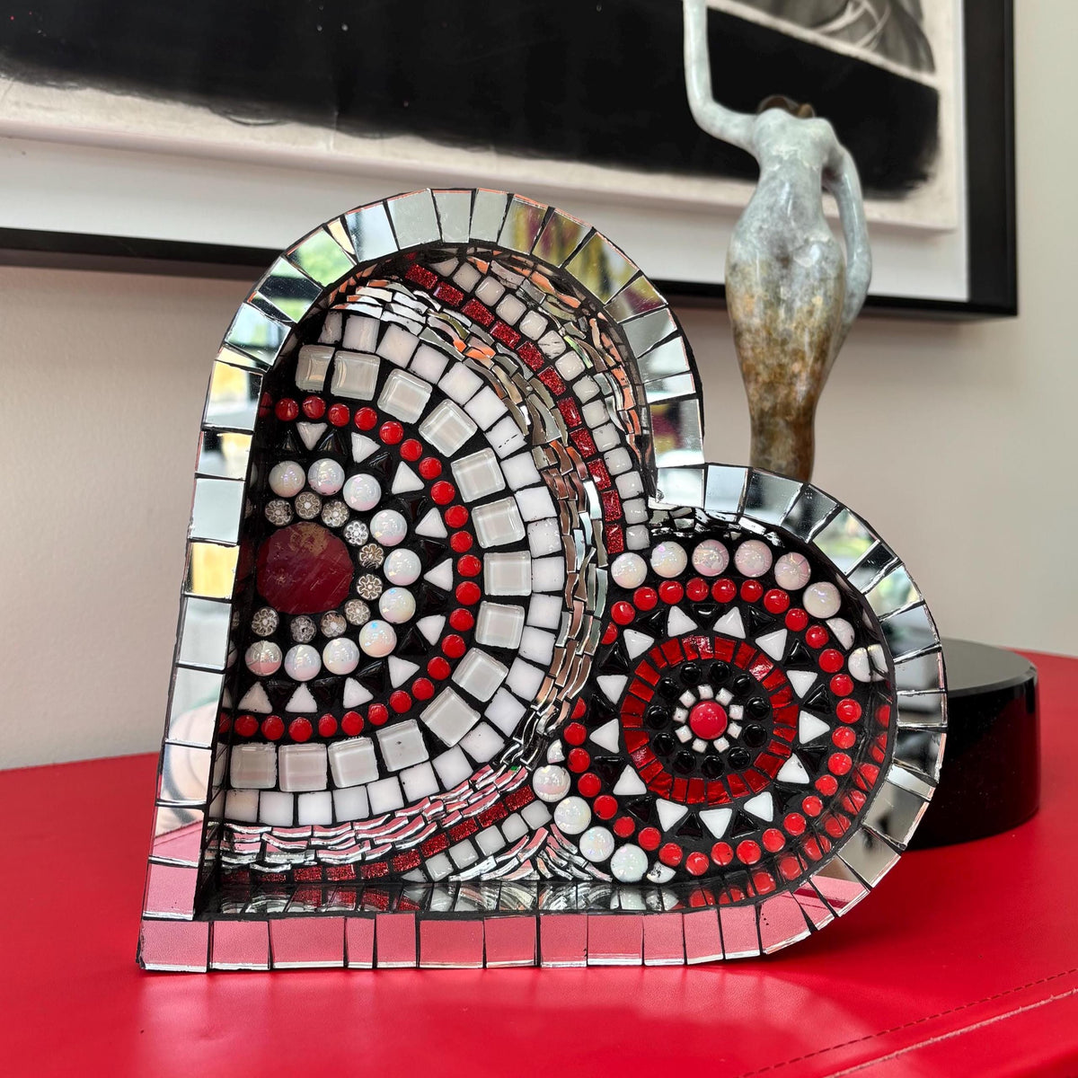 Heart Mosaic Tray: Red Black Silver Glass Tile Art - Valentine's Gift