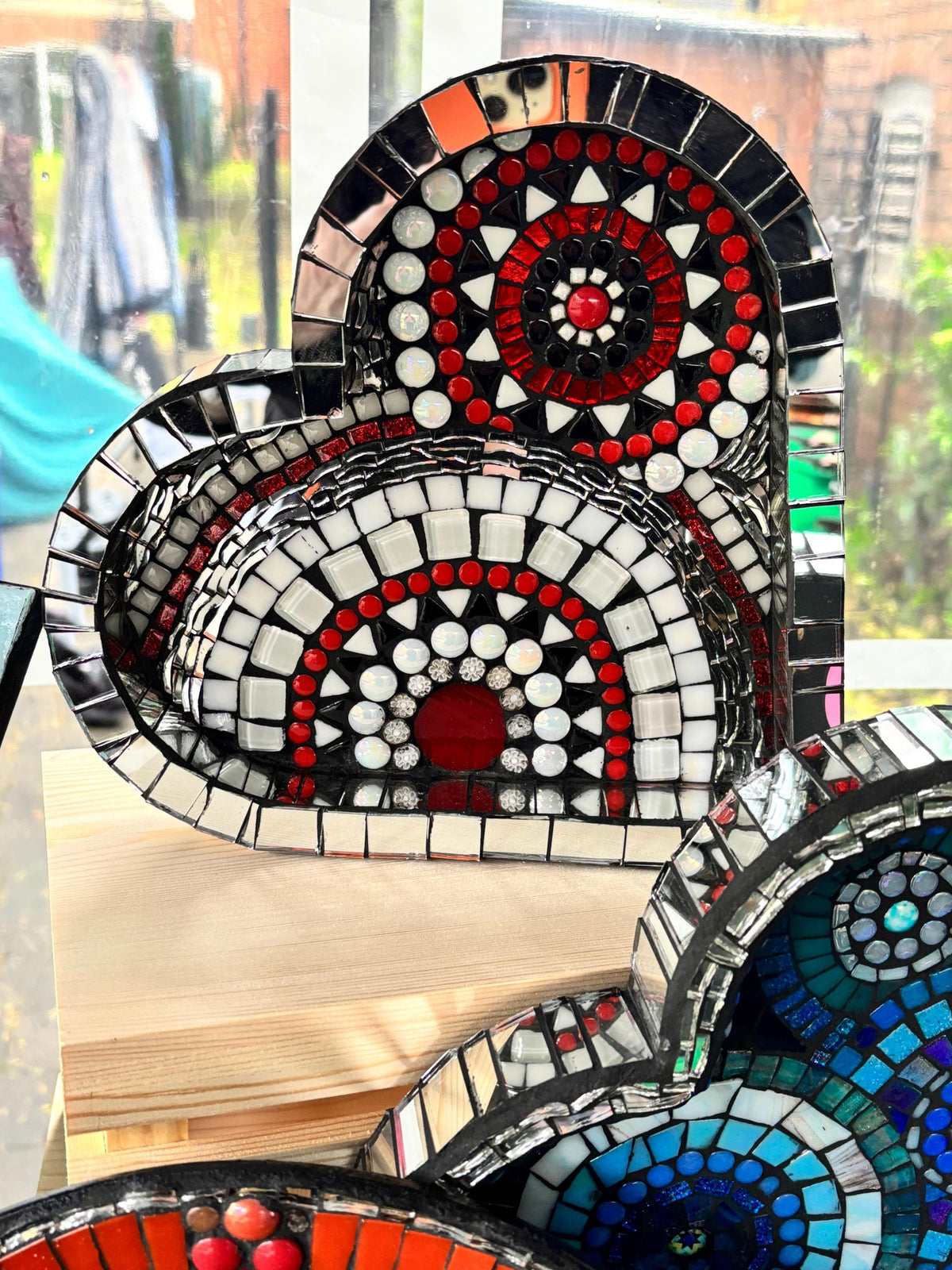 Heart Mosaic Tray: Red Black Silver Glass Tile Art - Valentine's Gift