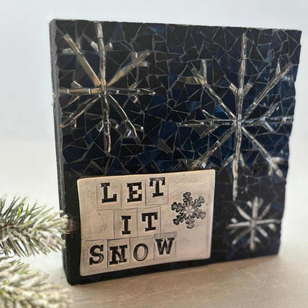 Handmade Mosaic "Let It Snow" Winter Plaque – Snowflake Wall Art, Festive Decoration