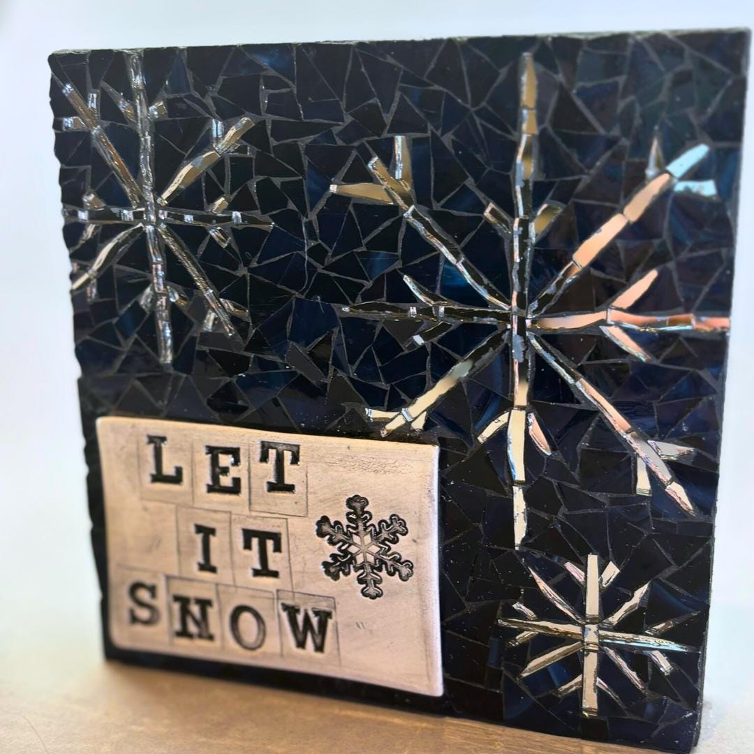 Handmade Mosaic "Let It Snow" Winter Plaque – Snowflake Wall Art, Festive Decoration