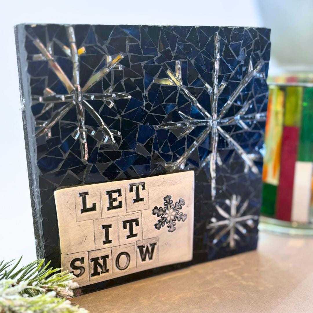 Handmade Mosaic "Let It Snow" Winter Plaque – Snowflake Wall Art, Festive Decoration