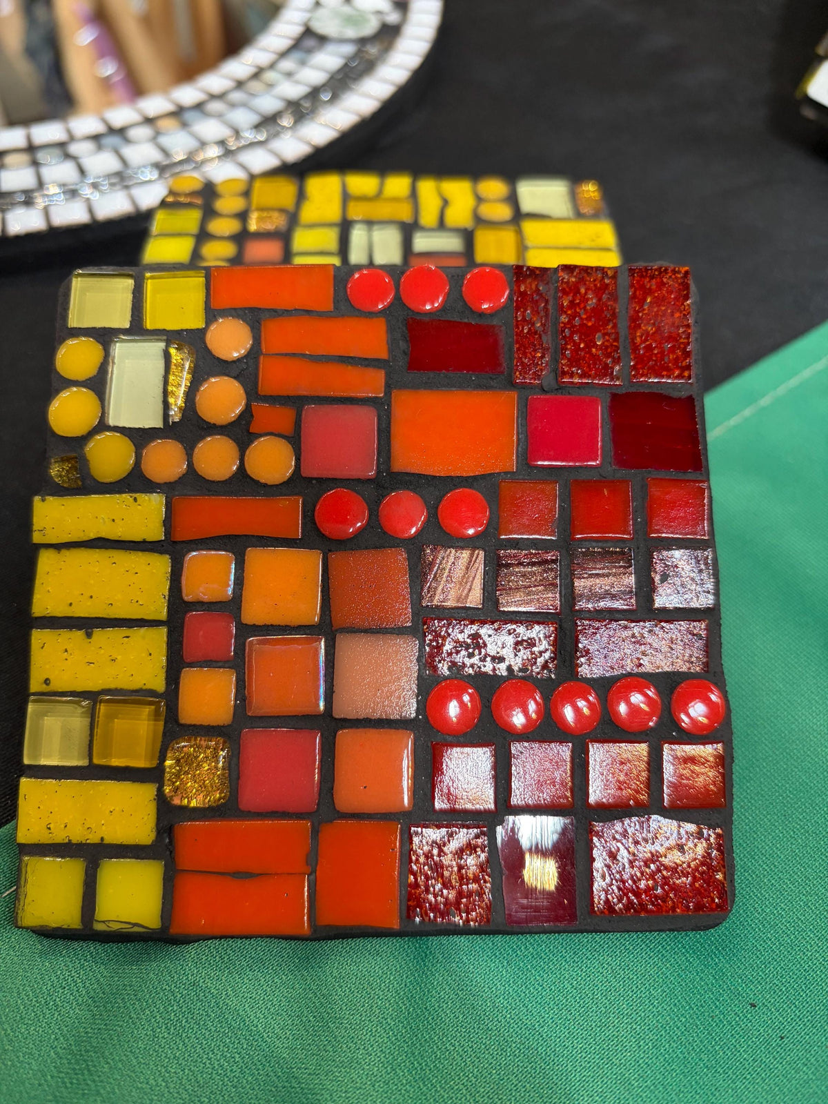Handmade Sunset Glass Mosaic Coasters – Red, Orange, Yellow Decor