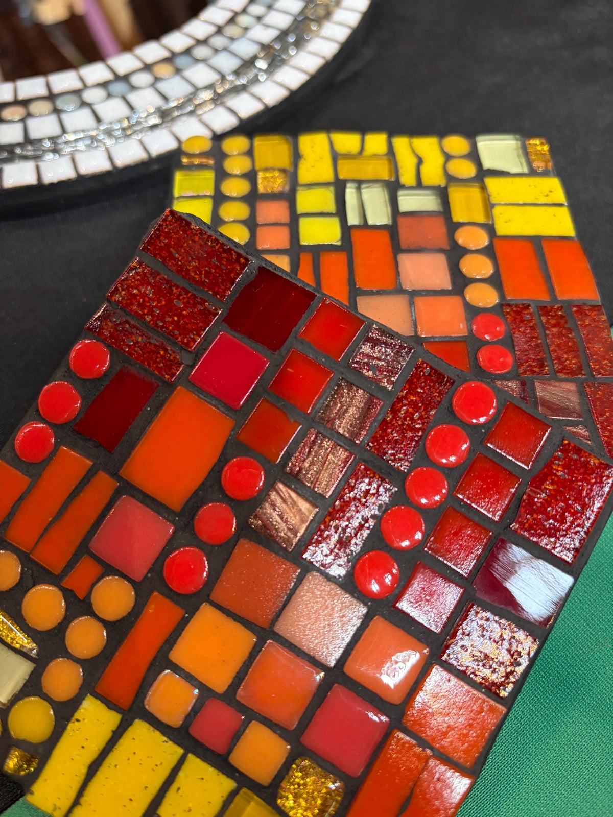 Handmade Sunset Glass Mosaic Coasters – Red, Orange, Yellow Decor