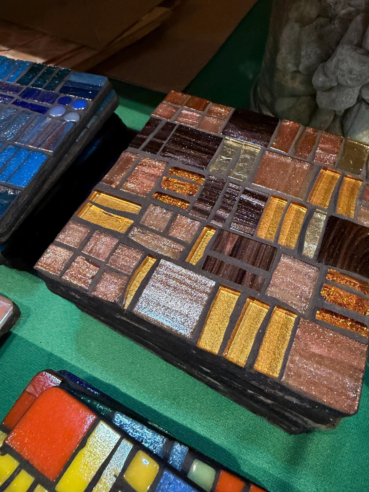 Handmade Mosaic Coasters – Rose Gold, Gold, Black Glass, Modern Home Decor