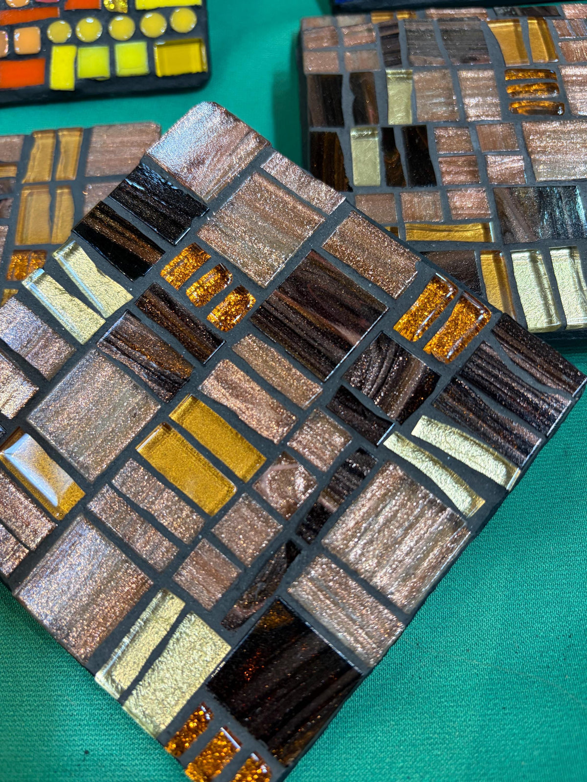 Handmade Mosaic Coasters – Rose Gold, Gold, Black Glass, Modern Home Decor