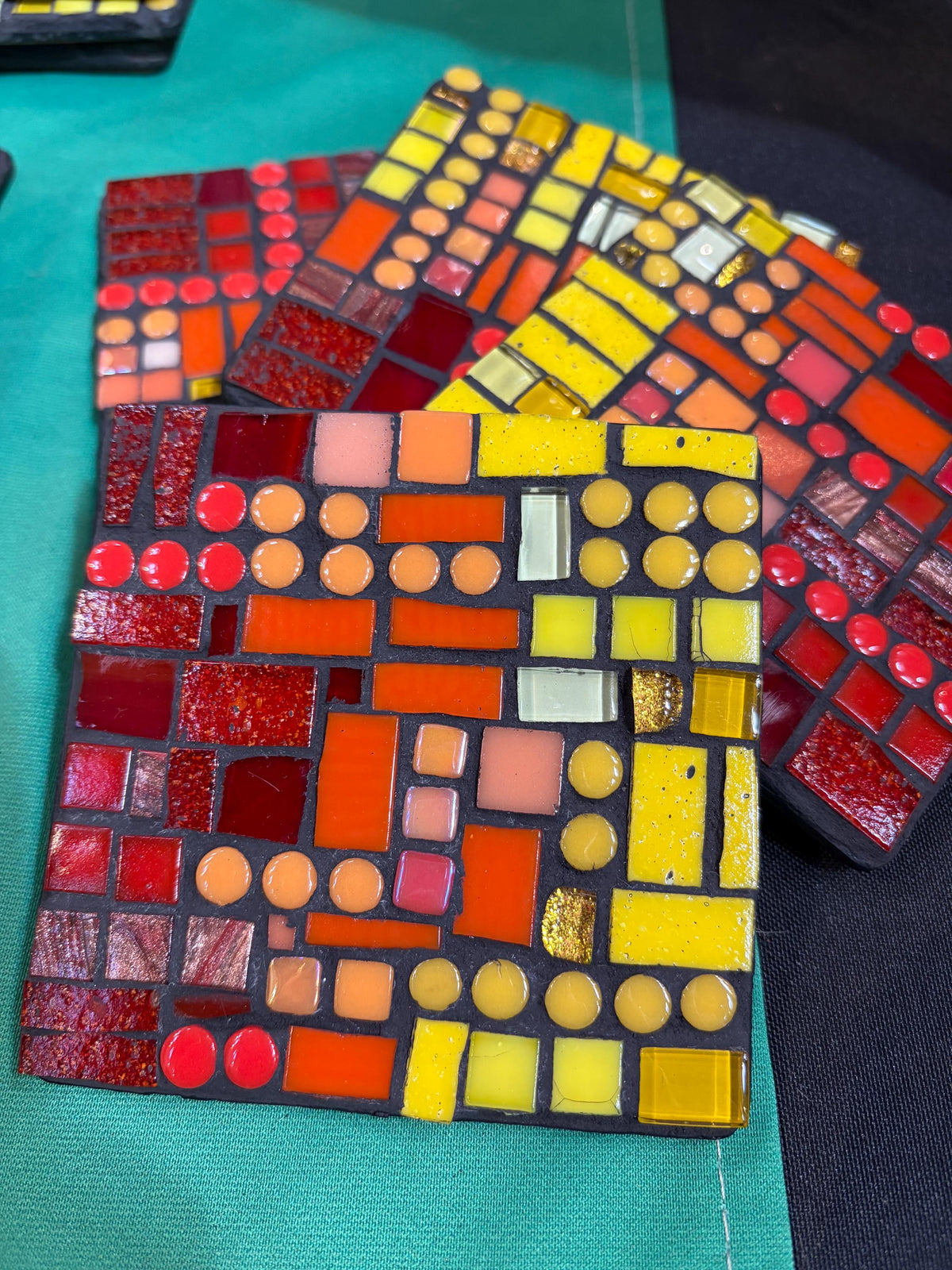 Handmade Sunset Glass Mosaic Coasters – Red, Orange, Yellow Decor
