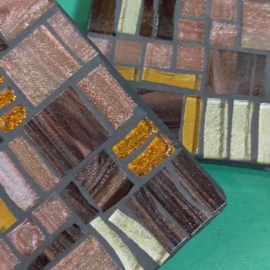 Handmade Mosaic Coasters – Rose Gold, Gold, Black Glass, Modern Home Decor