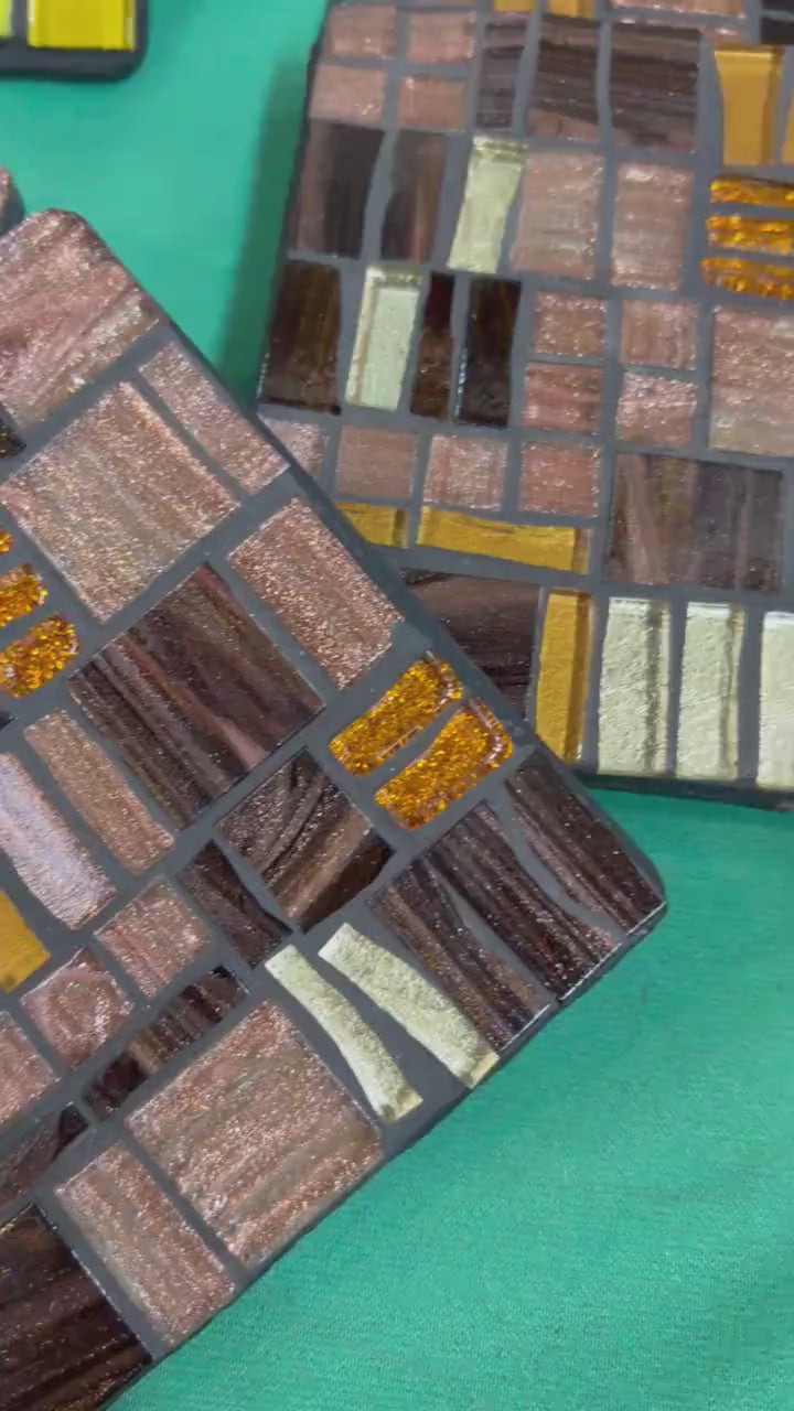 Handmade Mosaic Coasters – Rose Gold, Gold, Black Glass, Modern Home Decor