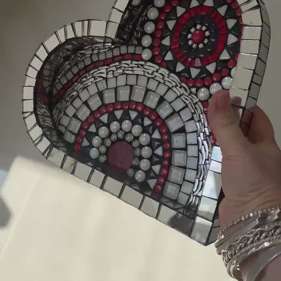 Heart Mosaic Tray: Red Black Silver Glass Tile Art - Valentine's Gift