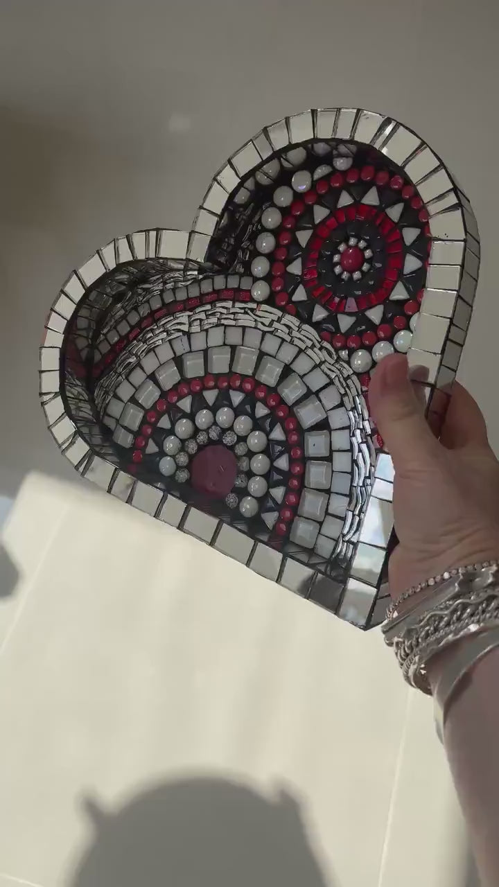 Heart Mosaic Tray: Red Black Silver Glass Tile Art - Valentine's Gift