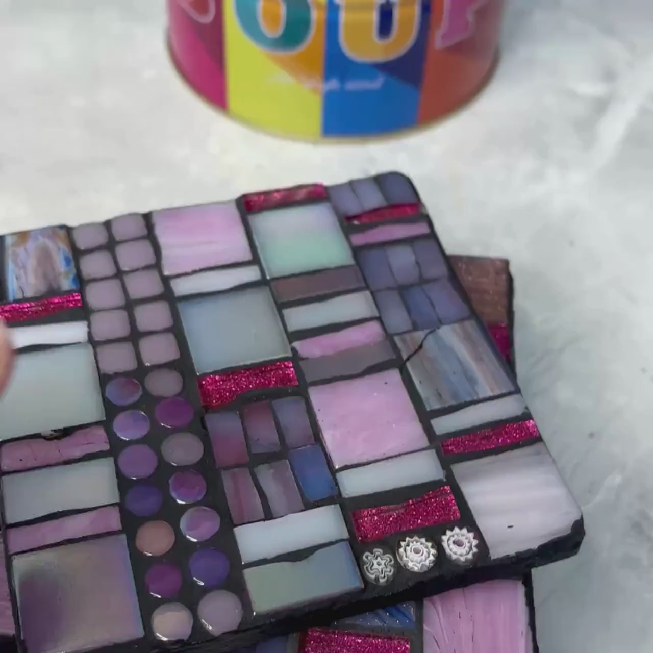 Single Blush Pink Mosaic Coaster -  Handmade Abstract Tile Drink Coasters